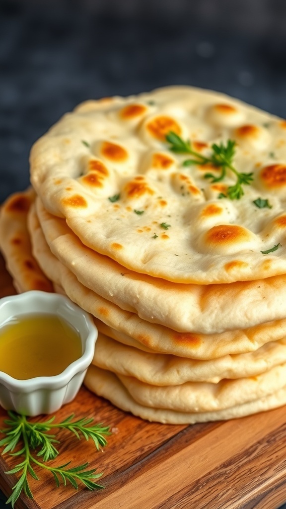 Bread Machine Flatbread Dough Recipe Freshly made flatbreads stacked on a wooden board with olive oil and herbs.